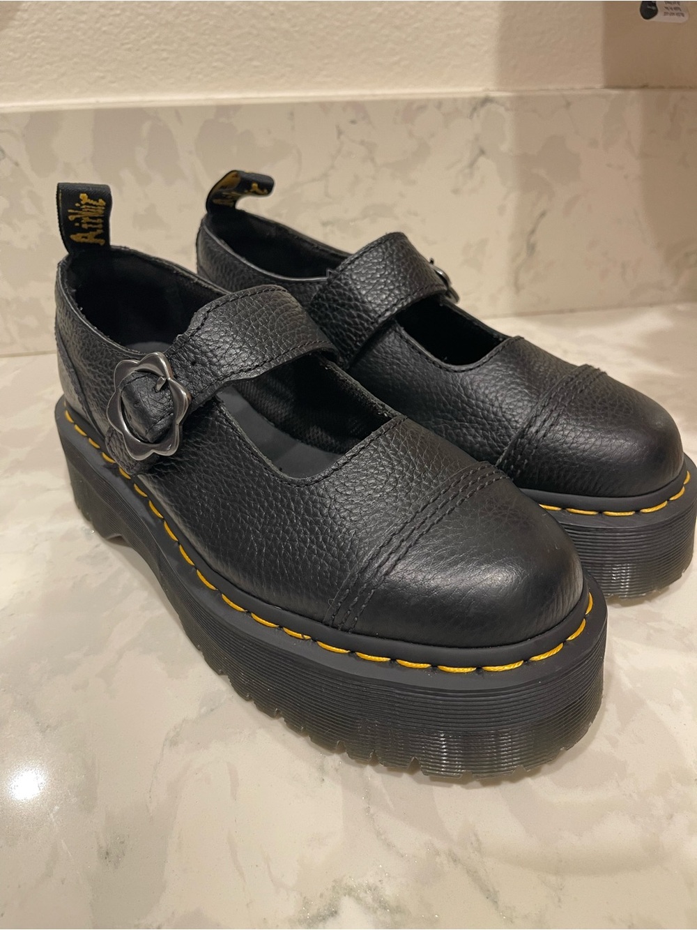 Dr. Martens Black Leather Platform Mary Jane Shoes with Yellow Welt